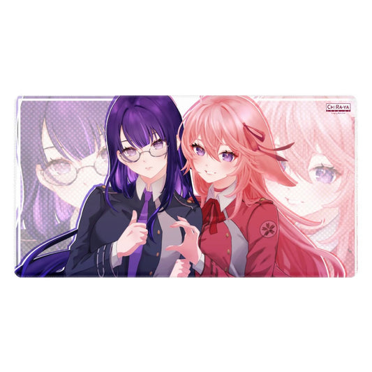 Genshin Impact x Lycoris Recoil extra large anime gaming mouse pad by Chiraya Studios featuring Raiden Ei and Yae Miko dressed as Takina and Chisato 