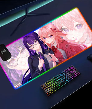 Genshin Impact x Lycoris Recoil anime RGB gaming mouse pad by Chiraya Studios featuring Raiden Ei and Yae Miko dressed as Takina and Chisato 