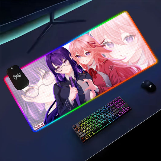 Genshin Impact x Lycoris Recoil anime RGB gaming mouse pad by Chiraya Studios featuring Raiden Ei and Yae Miko dressed as Takina and Chisato 