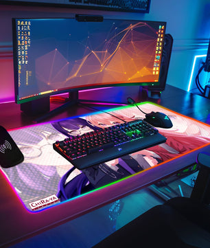 gaming desk setup with anime RGB mouse pad featuring EiMiko as Takina and Chisato from Lycoris Recoil