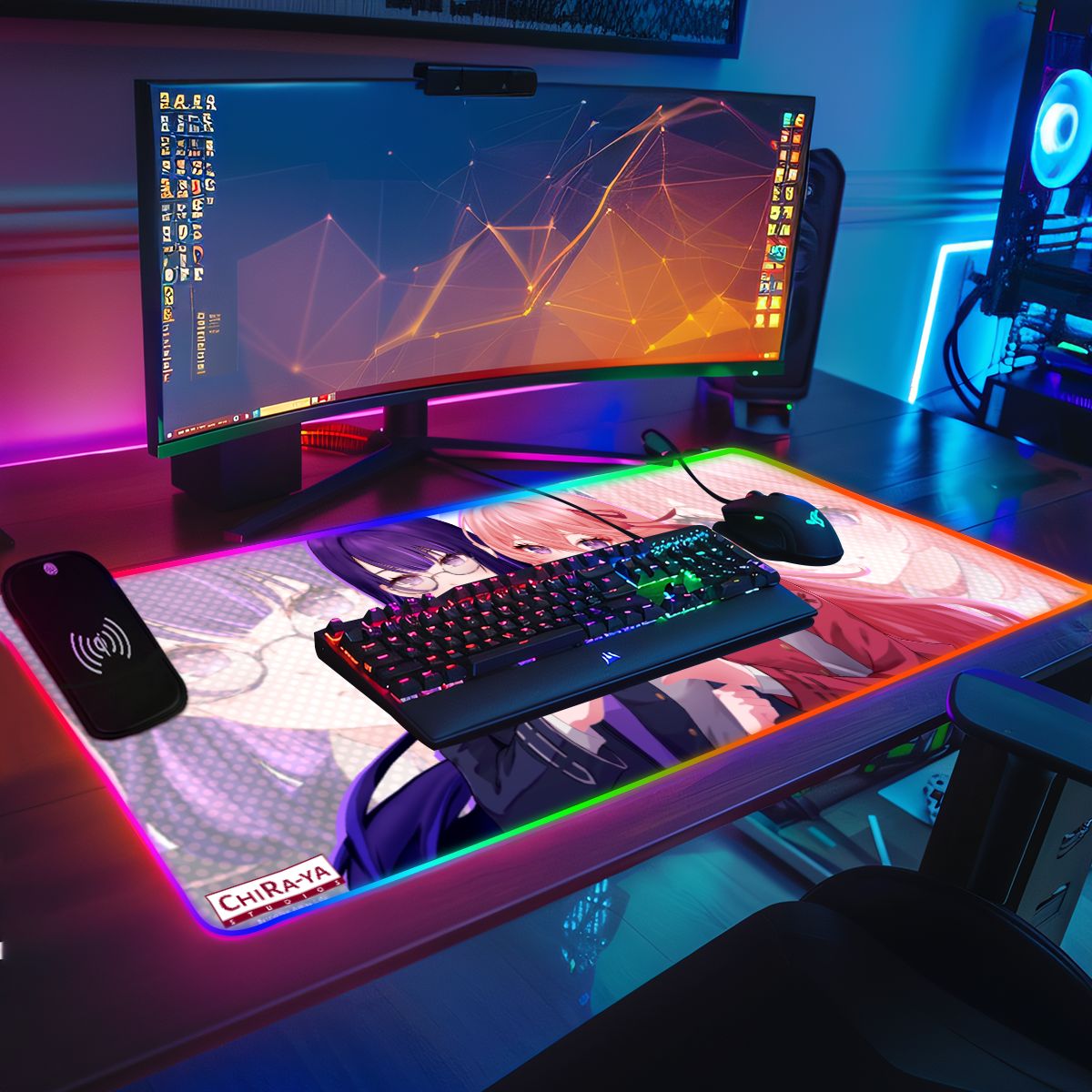 gaming desk setup with anime RGB mouse pad featuring EiMiko as Takina and Chisato from Lycoris Recoil