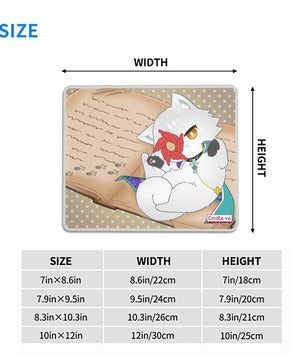 Asuka Kreutz (cat Asuka) anime mouse pad size chart with dimensions in inches and centimeters