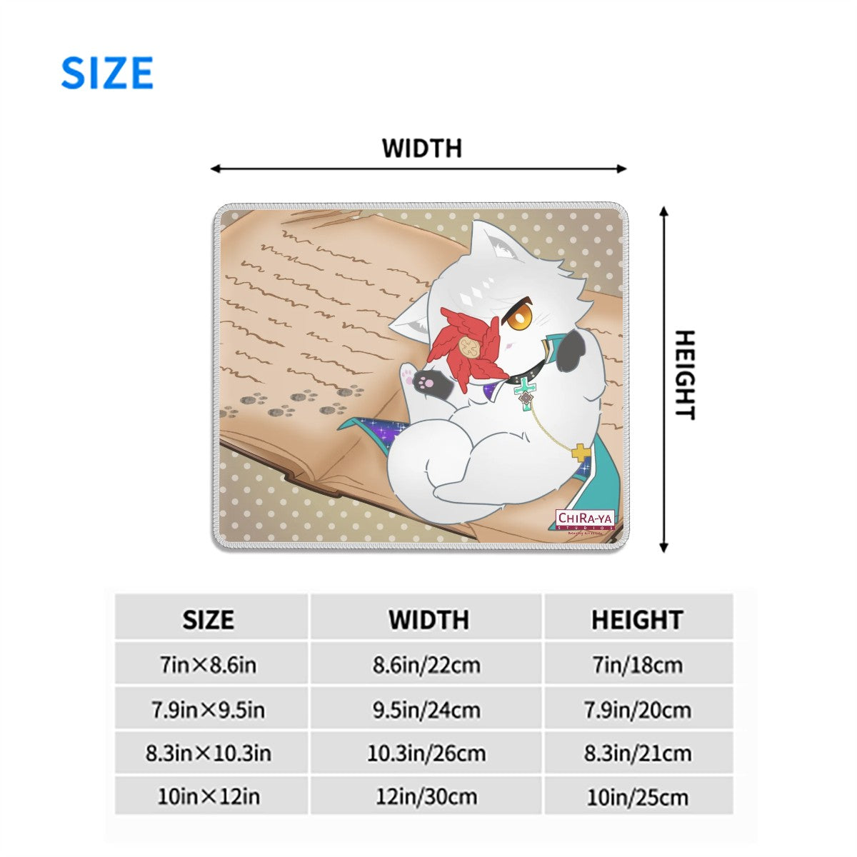 Asuka Kreutz (cat Asuka) anime mouse pad size chart with dimensions in inches and centimeters
