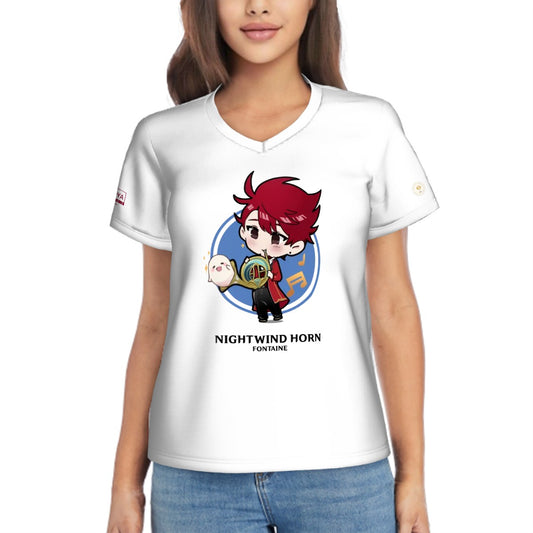 Terraglotte "2024 Genshin Instrument Series" Women's V-Neck T-Shirt - Nightwind Horn (Fontaine)